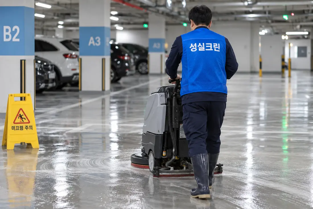성실크린 건물청소 전문 장비 작업